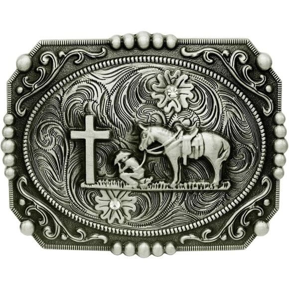 Moranse Religion Cross Cowboy Kneeling Prayer And Horse Design Belt Buckle - Picture 1 of 6